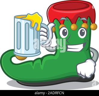 Happy elf shoes holding a glass with juice Stock Vector