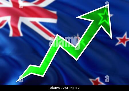 New Zealand economy graph is indicating positive growth, green arrow going up with trend line. Business concept on national background. Stock Photo