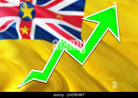 Niue economy graph is indicating positive growth, green arrow going up with trend line. Business concept on national background. Stock Photo