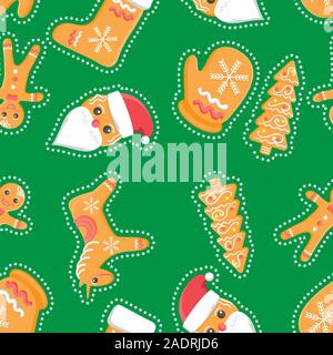 Vector seamless background with Christmas gingerbread cookies on green. Stock Vector