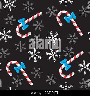 Seamless candy cane and snowflake background on black. Vector image. Backgrounds packaging. Stock Vector