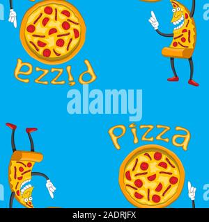 Seamless blue background with cheerful character piece of pizza and a large pizza with the signature. Vector image. Stock Vector