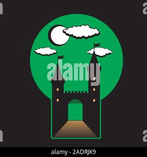 Medieval castle with towers and gates on black isolated background. Icon illustration. Vector image. Stock Vector