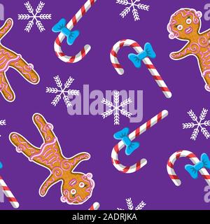 Seamless background with gingerbread man and candy snowflake on purple background. Vector image. Stock Vector