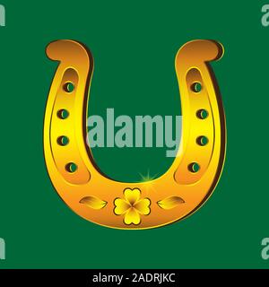 Realistic gold horseshoe with four-leaf clover on isolated green background. Vector image. Decoration object. Stock Vector