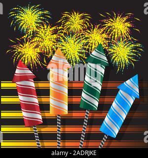 Rockets fireworks with stripes and flashes of stars on a black isolated background. Vector image. Stock Vector