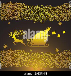Christmas silhouette deer sleigh bag with gifts ornament pattern Golden on dark isolated background. Vector image Stock Vector
