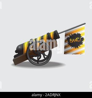 Medieval weapon shooting flag with the inscription bang on a white isolated background. Vector image. Stock Vector