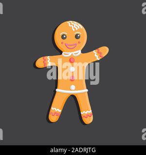 Gingerbread man Christmas cookie character on dark isolated background. Design element. Vector illustration. Stock Vector