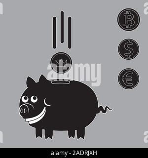 Icon silhouette of piggy Bank and coins vector on a dark background. Cartoon humor. Vector image Stock Vector