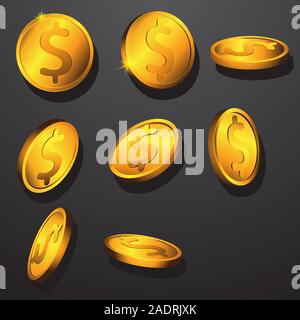 Gold coin with dollar sign on black isolated background. Vector image. Design element. Stock Vector