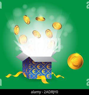 Gift box with gold coins and Euro sign on isolated green background. Vector image Stock Vector