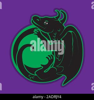 Black dragon silhouette isolated on purple background. Vector image. Stock Vector