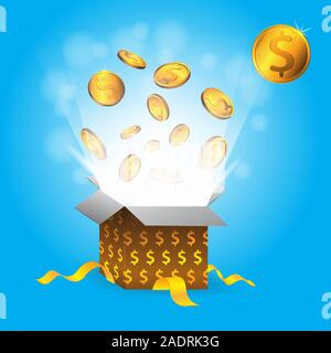Gift box with gold coins with dollar sign on isolated blue background Vector image. Stock Vector