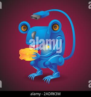 A computer mouse character holds a cheese on an isolated background. Vector image. Design element. Stock Vector
