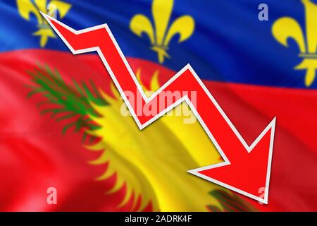 Guadeloupe economy graph is indicating negative growth, red arrow going down with trend line. Business concept on national background. Stock Photo