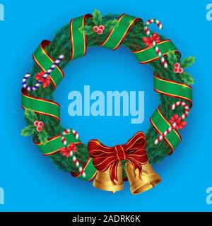 Christmas wreath with bells candy bows mistletoe ribbon pine on blue isolated background. Vector image. Stock Vector