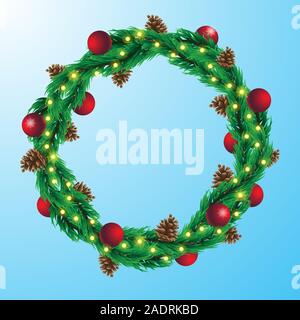 Christmas wreath template with garlands of forest cones and glass balls on isolated background. Vector image Stock Vector