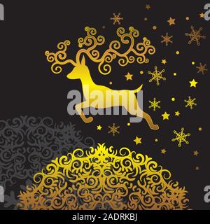 Christmas silhouette of reindeer gold snowflake pattern on isolated black background. Vector image. Stock Vector