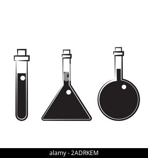 Chemistry beakers with Erlenmeyer flask and test tube holding chemicals flat vector icon for science apps and websites Stock Vector