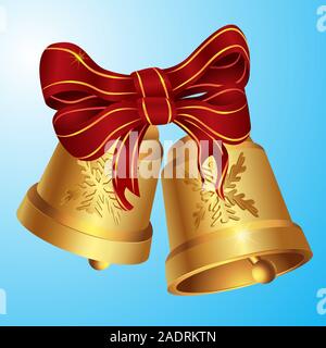 Christmas Golden bells with big red festive bow on insulated layer. Vector image Stock Vector