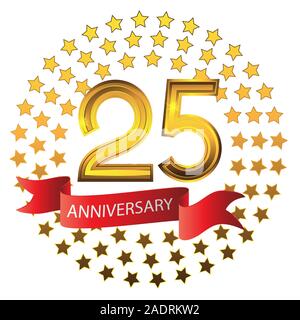 Twenty-fifth anniversary celebration logo ribbon stars on white isolated background. Vector image Stock Vector