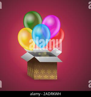 Festive box from which balloons fly on an isolated background. Vector image. Design element. Stock Vector