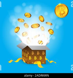 Gift box color coin Zank bitcoin on blue isolated background. Vector image. Stock Vector