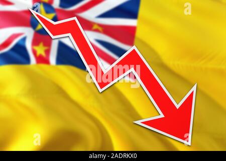 Niue economy graph is indicating negative growth, red arrow going down with trend line. Business concept on national background. Stock Photo