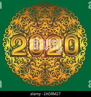 Happy new year 2020 figures gold mandala pattern on isolated green background. Vector image. Stock Vector