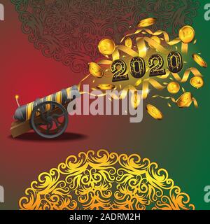 Happy new year 2020 vintage cannon shoots confetti and gold coins with mandala pattern on red and green background. Vector image. Stock Vector