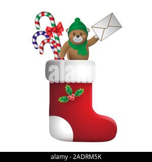 Christmas sock with gifts striped candy toy Teddy bear letter on white isolated background. Vector image. Stock Vector