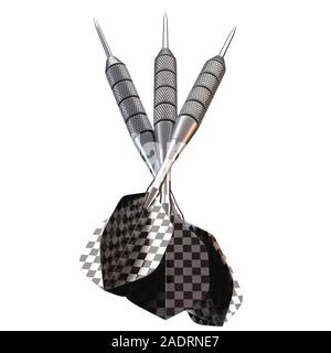 A set of three professional metal darts with a checkered black and white flight design on an isolated white studio background - 3D render Stock Photo