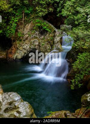 Long exposure shot of the iconic Twin Falls at Lynn Canyon Park in North Vancouver, British Columbia Stock Photo