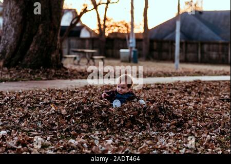 Baby boy sits in leaf pile wearing overalls. Stock Photo