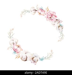 Watercolor boho floral set wirh cotton ball, protea flower. Bohemian natural wreath frame: leaves, feathers, flowers, Isolated on white background Stock Photo