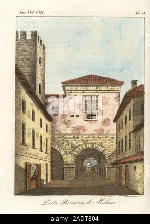The Roman Gate in Milan, 1800s. Rebuilt in the 16th century by architect Leopoldo Polack. Porta Romana di Milano. Handcoloured copperplate engraving by Andrea Bernieri from Giulio Ferrario’s Costumes Ancient and Modern of the Peoples of the World, Il Costume Antico e Moderno, Florence, 1844. Stock Photo