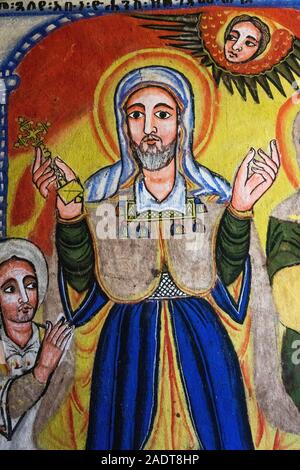 Ethiopia, Amhara Region, Bahir Dar, Lake Tana, Zege Peninsula, C14th Ura Kidane Mehret Church, in Convent of Mercy, wall painting of priest holding lo Stock Photo
