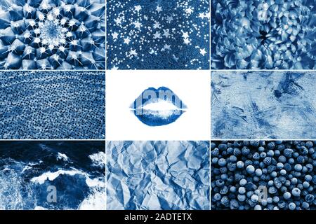 Collage made of nine photos toning in blue color. Backgrounds for design. Stock Photo