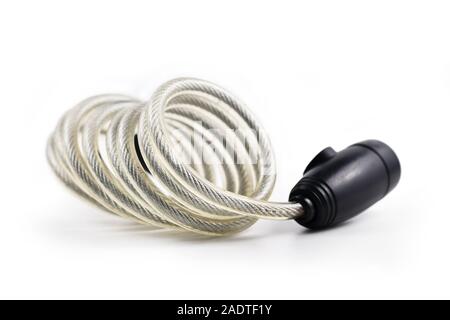 Open gray cable bike lock isolated on white background Stock Photo