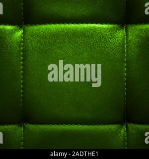 Shiny electric green artificial textured leather stitched with thread. Close-up of sofa surface. View from directly above. Highly detailed square back Stock Photo