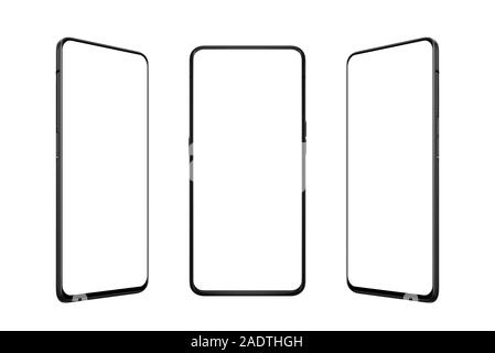 Isolated smart phone in three positions. Front, left and right side. Isolated screen for mockup, app or web site promotion. Modern mobile phone with t Stock Photo