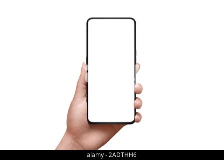 Phone mockup. Girl hand and modern smart phone with thin edges isolated. Stock Photo