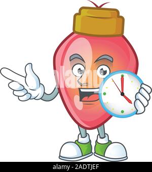 With clock smiling red christmas bulb cartoon mascot style Stock Vector