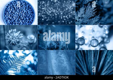 Collage of blue abstract and nature pictures and backgrounds in serene shade of indigo hue. Stock Photo