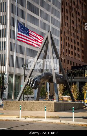 Monument to Joe Louis, 27-ft. bronze memorial, aka 'The Fist,' to African-American heavyweight champion Joe Louis, Detroit, Michigan, USA Stock Photo