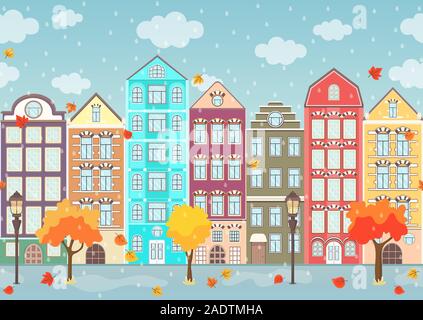 Seamless border of autumn colorful houses, trees and dripping rain, exterior urban landscape, city background. European facades in row, fallen leaves Stock Vector
