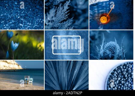 Collage of blue abstract and nature pictures and backgrounds in serene shade of indigo hue. Stock Photo