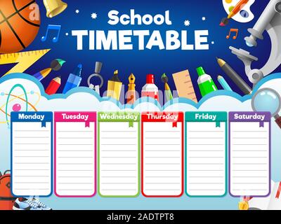 Colorful school timetable, weekly schedule with supplies and student items Stock Vector