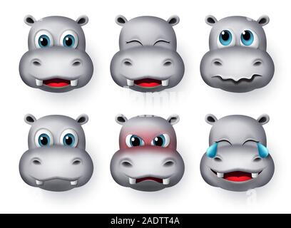 Hippopotamus emoji vector set. Hippopotamus or hippo face emojis and emoticons animal character with laughing, scared, smiling and angry expressions. Stock Vector